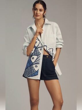 Anthropologie Bennet Sardine Print Button-Down Shirt Blue XS